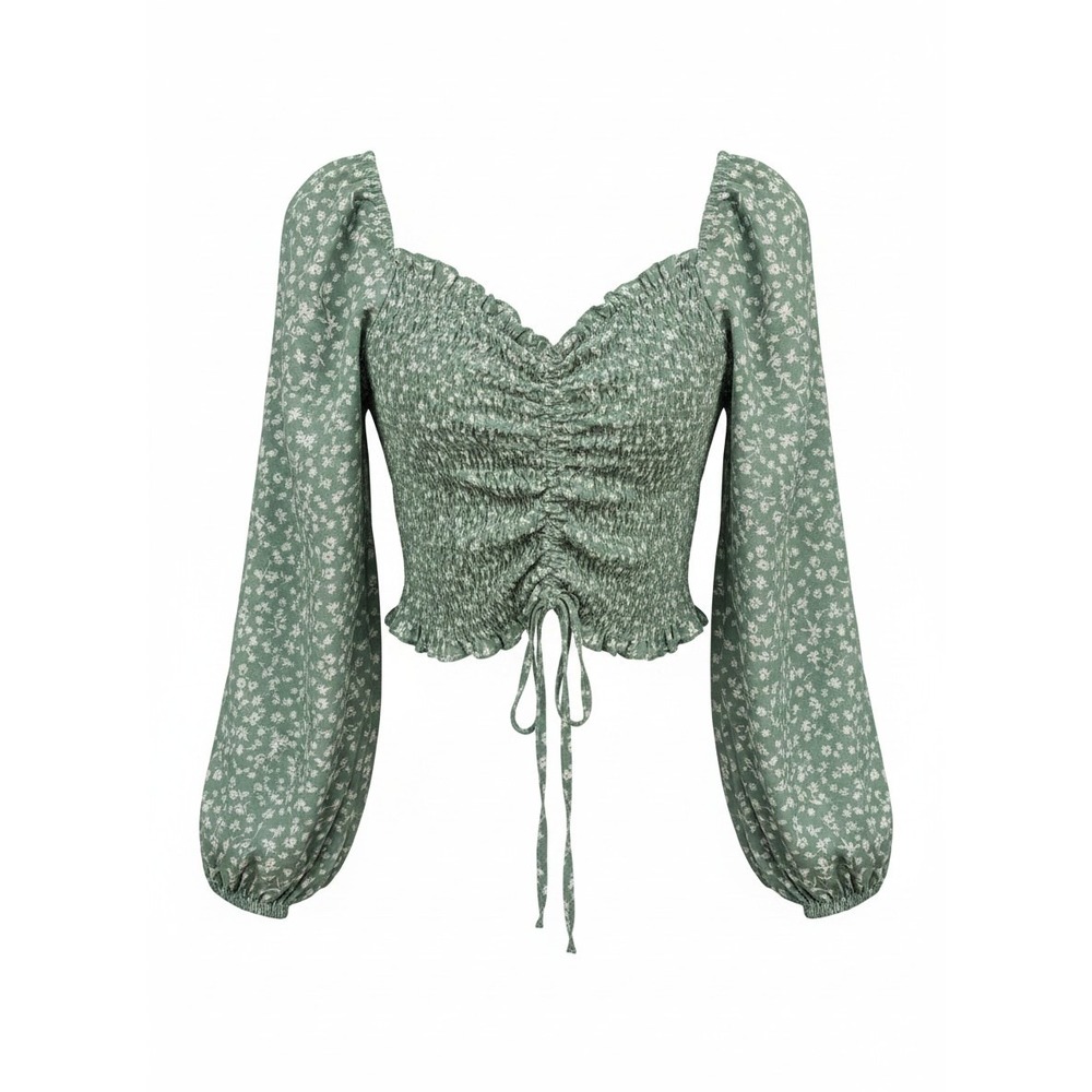 Hespens Sage‎ Green Floral Smocked Crop Top Sweetheart Neck Long Sleeve Size L